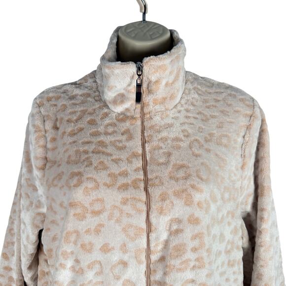Coral Bay Robe Womens Medium Tan Leopard Animal Print Plush Zip Up Mock Neck - Picture 2 of 9
